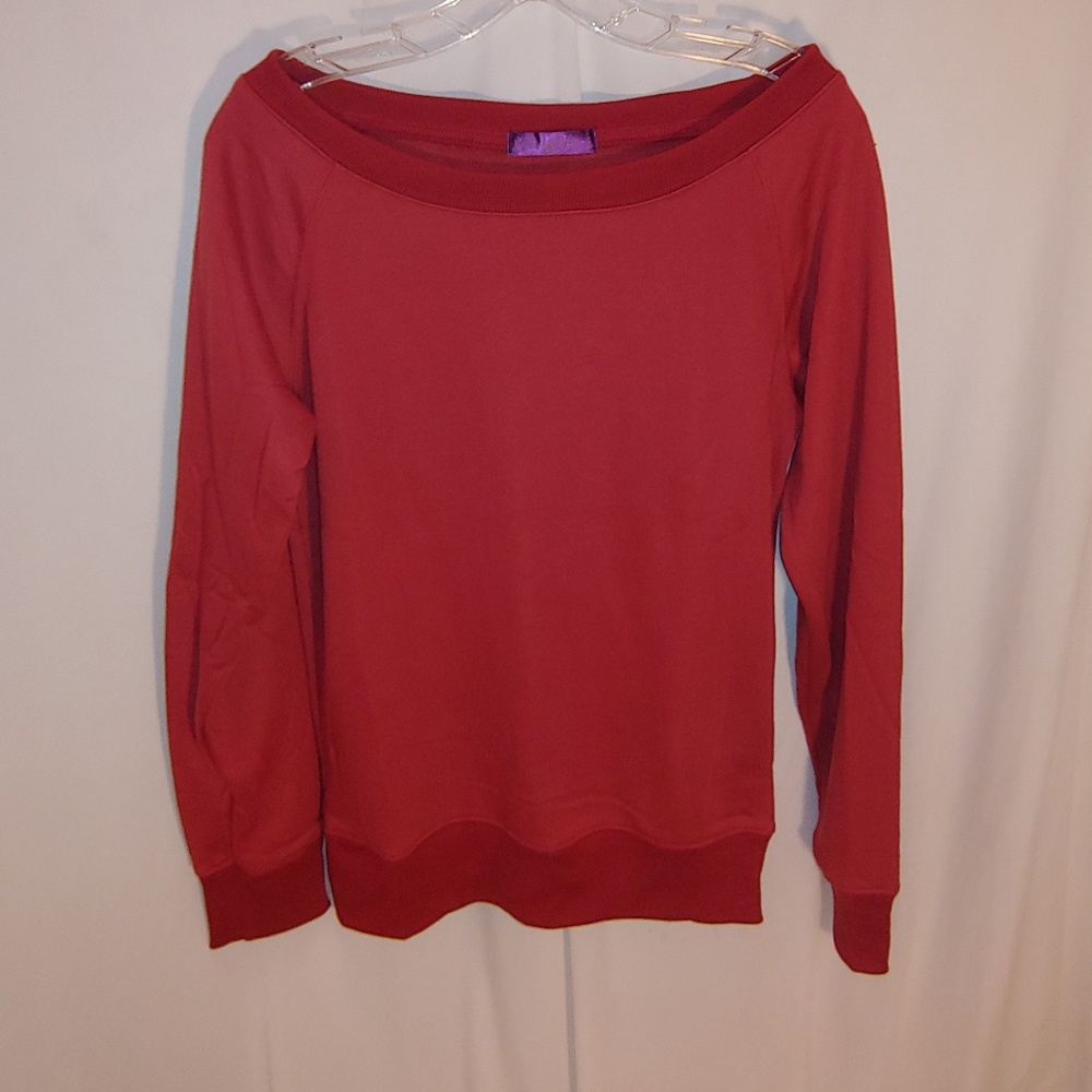 Deep red sweatshirt with wide neck